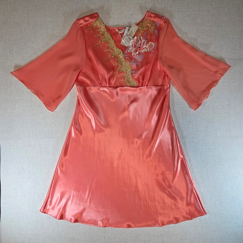 Embroidered Satin Dress Womens Large Coral Faux Wrap Romantic Fairy Regencycore - Picture 13 of 13